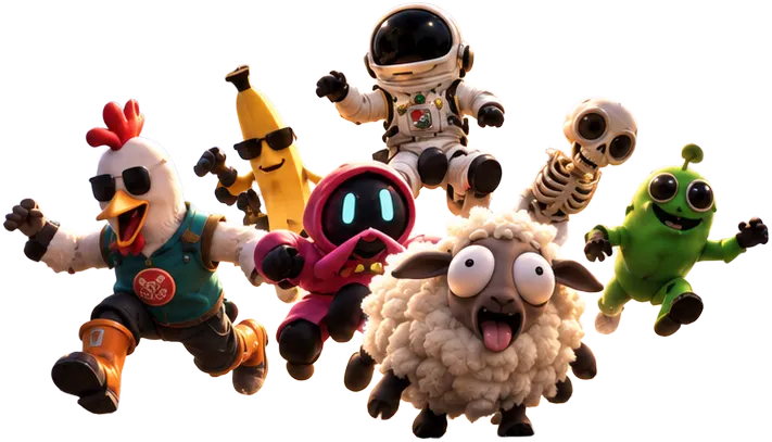 Seven characters leaping forward together: a chicken, a banana in sunglasses, a pink hooded figure, an astronaut, a sheep, a skeleton and a green alien.