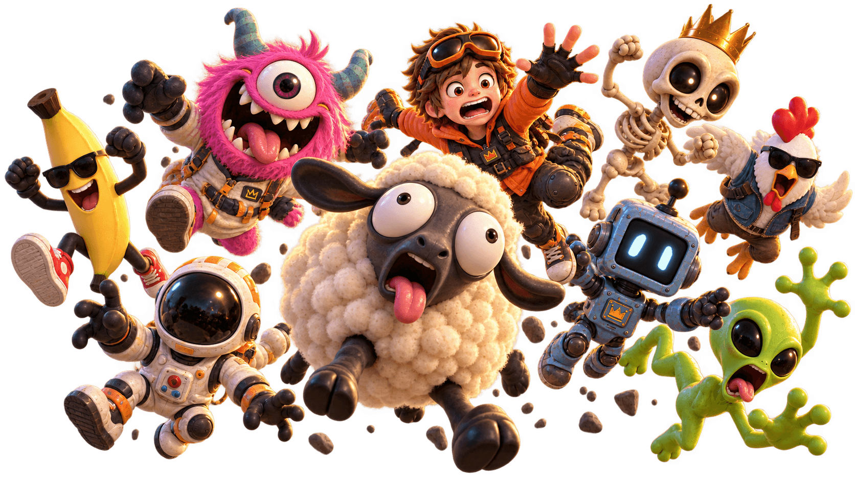 Nine characters running and falling through the air: a chicken in sunglasses, a boy in goggles, an astronaut, a one-eyed pink monster, a banana in trainers, Gerald the sheep mid-bleat, a crowned skeleton, a tumbling robot and a green alien.