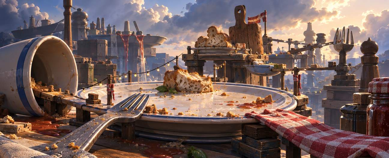 A colossal dinner table seen from the height of a small character, with cutlery the size of buildings.