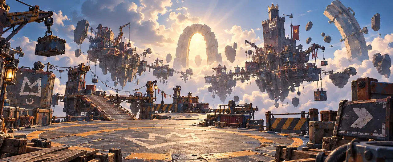 A wide stone plaza floating above the clouds, built from scrap and timber, with a lit arch in the distance.