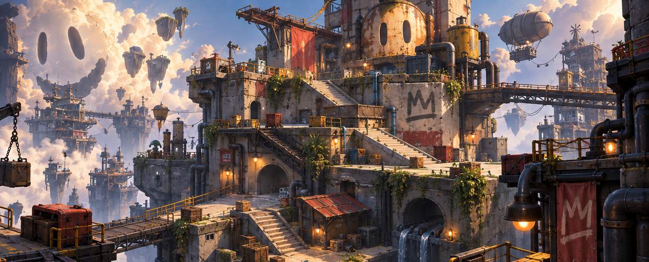 A vertical town of stacked stone and pipework clinging to the edge of an abyss.