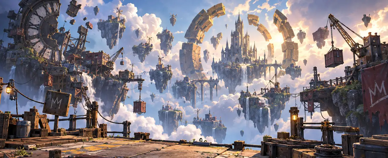 Floating scrap islands stretching to the horizon above a sea of cloud, with a castle silhouette in the distance.