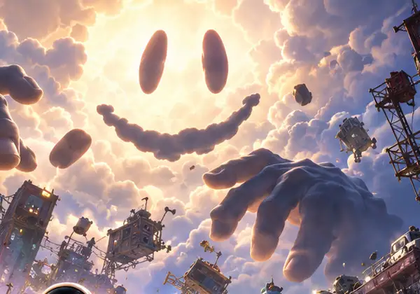 A vast smiling face made of cloud, lit from within, filling the sky.