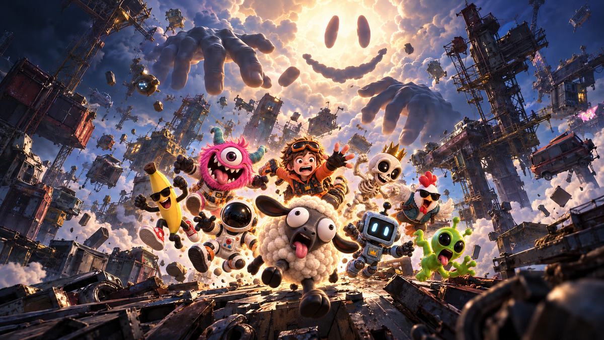 Key art for GOD IS BORED: a giant smiling face and two hands made of cloud fill the sky above a floating junkyard, while Gerald the sheep and eight characters come running straight at the viewer.