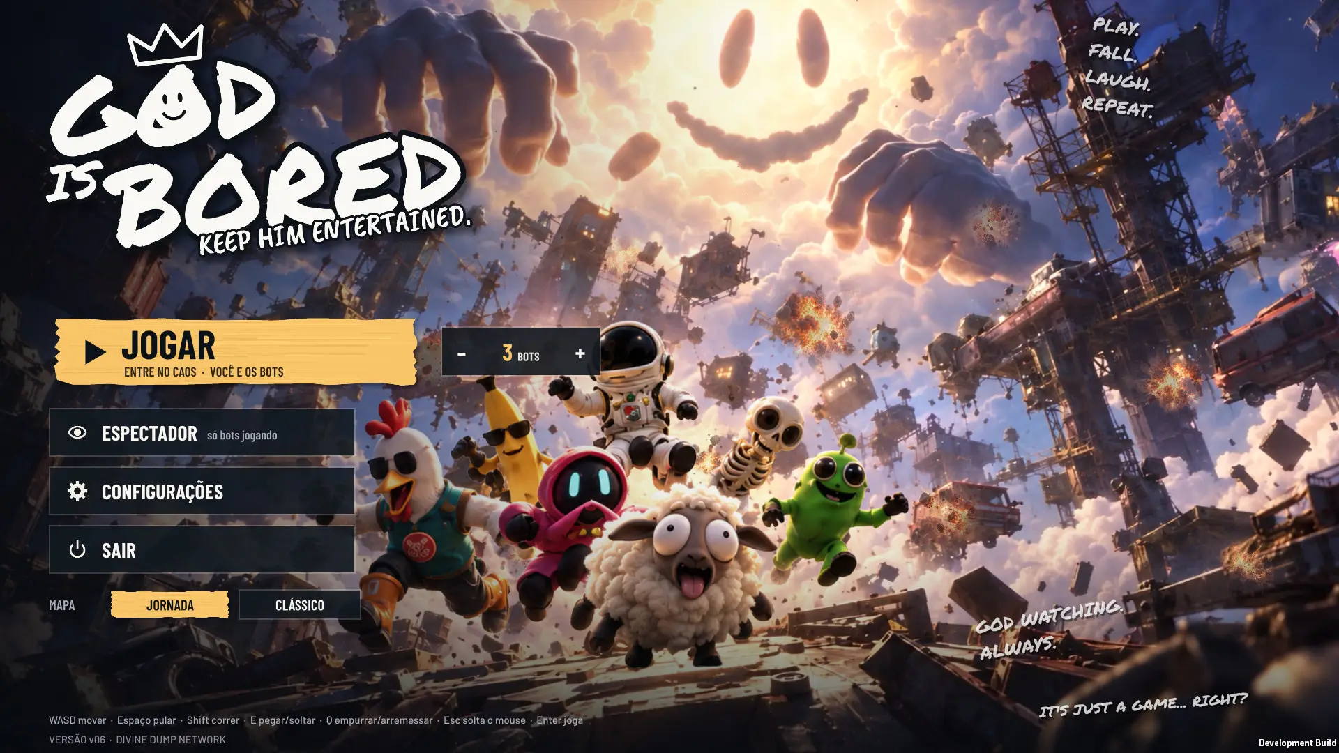The GOD IS BORED main menu over the key art, with play, spectator and settings options.